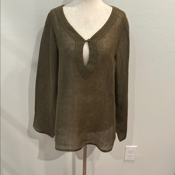 EILEEN FISHER LINEN LONG SLEEVE TUNIC SMALL OLIVE GREEN  KEY HILE
FRONT - Picture 1 of 8